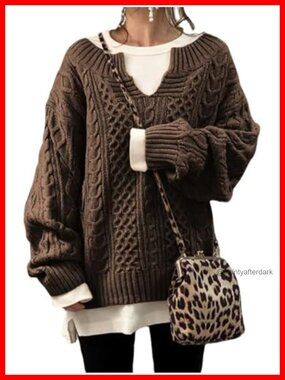 Chunky Cable Knit V Neck Long Sleeve Loose Pullover Sweater